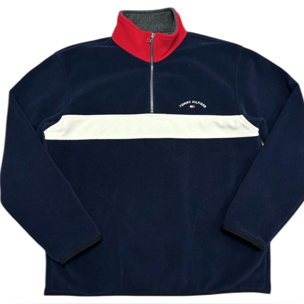 Tommy Hilfiger Men’s Quarter Zip Fleece Sweater Navy Blue XL Preppy Heritage